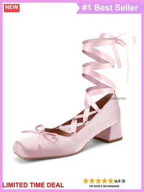 Satin Lace Up Ballet Heels Bow Chunky Heel Mary Jane Pumps
